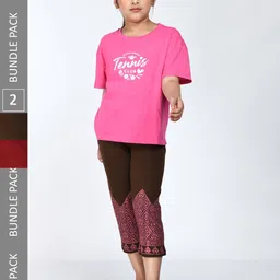 IndiWeaves Girls Pack Of 2 Printed Cropped Cotton Lounge Pants-picture-20