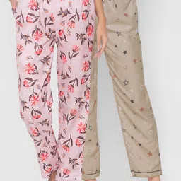 FashionRack Women Pack of 2 Pink & Beige Printed Cotton Lounge Pants-image-53