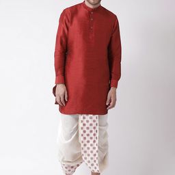 DEYANN Men Red & White Dupion Silk Kurta with Dhoti Pants-picture-45