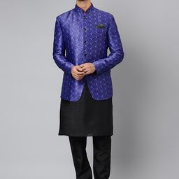 Hangup Men Black & Blue Printed Kurta with Churidar & Blazer-picture-44