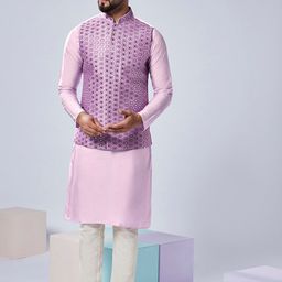 KISAH Mandarin Collar Mirror Work Regular Kurta With Pyjamas & Nehru Jacket-picture-7