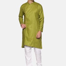 Sethukrishna Men Green Angrakha Pure Cotton Kurta with Pyjamas-picture-9