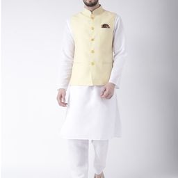 Hangup Men White & Yellow Layered Pure Cotton Kurta with Pyjamas & Nehru Jacket-picture-46