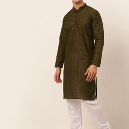Jompers Men Olive Green Chikankari Pure Cotton Kurta with Pyjamas-picture-8