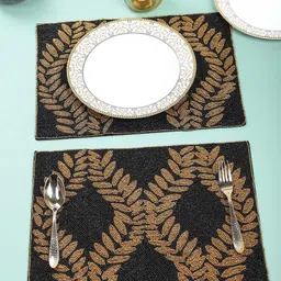 YWULY 2 Pcs Black & Beige Embellished Dining Table Beaded Placemats-picture-16
