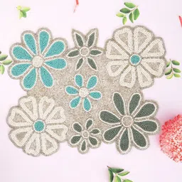 YWULY Cream Coloured & Blue Floral Embellished Beaded Round Table Placemats image 2