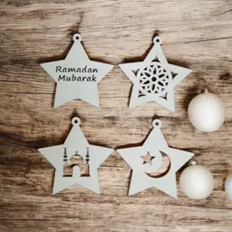 curious button Set of 8 Pcs Wooden Star Shape Ramadan Mubarak Lantern Ornament DIY Cutouts Wooden Cut-outs image 3