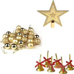 manrish Golden Balls,Bells & Tree Top For Christmas Tree Hanging Decoration Hanging Ornaments Pack of 19 image 1
