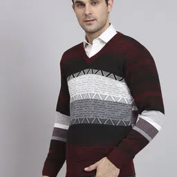 ewools Men Colorblock V Neck Maroon Sweater image 3