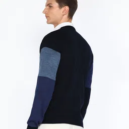 park avenue Men Colorblock Round Neck Blue Sweater image 4
