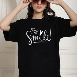 Women Printed, Typography Round Neck Cotton Blend Black T-Shirt-image-35