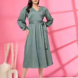 Women Fit and Flare Blue Below Knee Dress-image-66