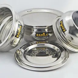 ramila Pack of 6 Stainless Steel Dinner Set Handi,Handi Set With LASER DESIGN LID(1.5-L, 1-L, 0.75-L / Capacity) Dinner Set image 2