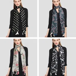 Floral Print, Polka Print Chiffon Women White, Black Stole, Scarf, Fancy Scarf-image-79