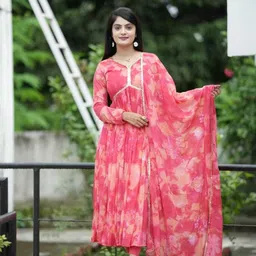 mahibhag creation Applique, Paisley, Floral Print, Solid, Self Design Georgette Stitched Flared/A-line Gown image 5