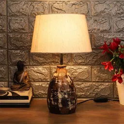 White Fabric Shade Table Lamp with White and Brown Base by Foziq image 1