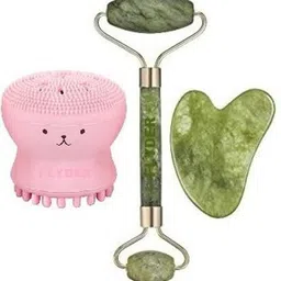 FLYDER Jade Roller With Gau Sha, Silicone Facail Octopus Scrubber Brush Jade Roller 100% Natural Stone-Gau Sha Massger With Octopus Scrubber Brush Massager-picture-28