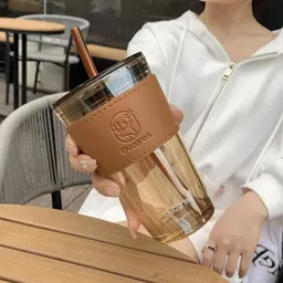 ganesh store Multipurpose Tumbler Glass Coffee Sippers with Lid & Straw Pack Brown Glass Tumbler image 1