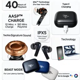 techio BUDS XERODual Pairing Mode • 13 mm Bass Boost Drivers Bluetooth Headset image 3