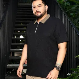 instafab plus Men Colorblock Polo Neck Cotton Blend Black T-Shirt image 2