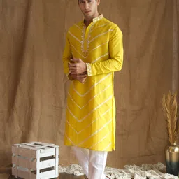 nexoira Men Embroidered, Leheriya Cotton Silk Straight Kurta image 4