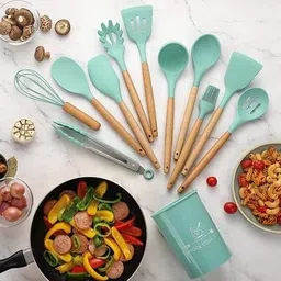 dharmdharmi SILICONE WOODEN SPATULA WITH STAND 11PCS SET Non-Stick Spatula image 2