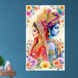 archi graphics studio 61 cm Regal Back-to-Back: Radha Krishna Bridal Mural WALL STICKER Self Adhesive Sticker image 3