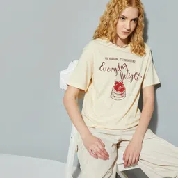 max Women Printed Round Neck Pure Cotton Beige T-Shirt-picture-16