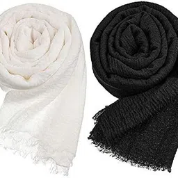 Self Design Cotton Blend Women Black, White Scarf, Stole-image-2