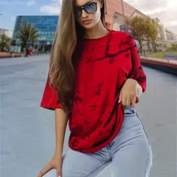 leotude Women Tie & Dye Round Neck Cotton Blend Red T-Shirt-picture-28