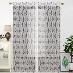exporthub Grey Floral Polyester 7 Ft Sheer Eyelet Door Curtains (Set of 2) image 1