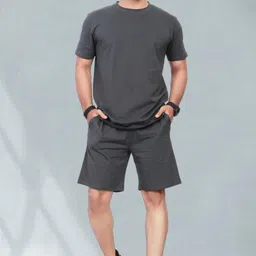 divra clothing Men Top & Shorts Set Grey Solid image 5