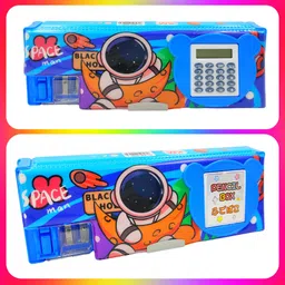 poksi Space Theme Pencil Box with Calculator| Dual Sharpener| Magnetic Closure |Perfect for Gifting Art Plastic Pencil Box image 1