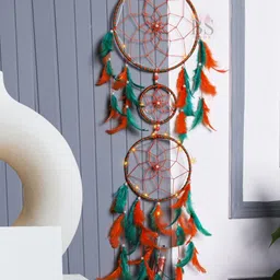 BS AMOR Orange & Green 3 Ring Dream Catcher With Lights & Feather image 5