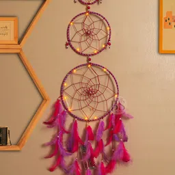 BS AMOR Pink 3 Ring Dream Catcher With Lights & Feather image 2