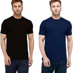 misty collection Pack of 2 Men Solid Round Neck Polyester Navy Blue, Black T-Shirt-picture-25
