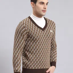 monte carlo Men Self Design V Neck Brown Sweater image 5