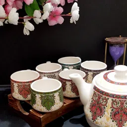 llaxmi creation Pack of 1 Ceramic Bell Art Design Kettle With 6 Cup Set image 2