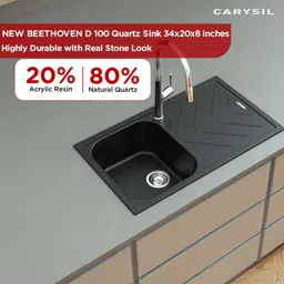 Carysil Quartz New Beethoven D 100 Single Bowl with Drainboard 34x20x8 inches New Beethoven D 100 Single Bowl Kitchen Sink, Real Stone Finish Top Mount image 2