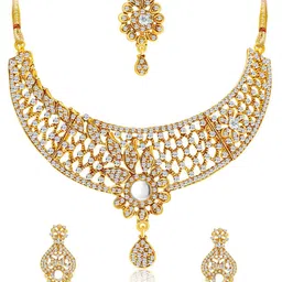 Sukkhi Gold-Plated Stone-Studded Necklace and Earrings With Maang Tika Jewellery Set-picture-22
