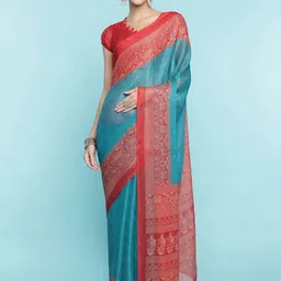 Mitera Teal Blue Zari Pure Cotton Saree-picture-35