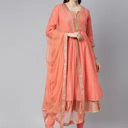 Biba Women Coral Embroidered Kurta with Churidar & With Dupatta-image-4