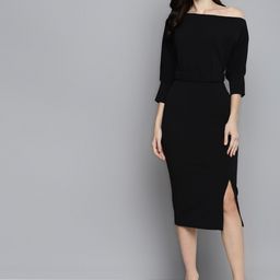 SASSAFRAS Black One-Shoulder Belted Drop Shoulder Midi Dress-picture-39