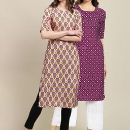 7threads KALINI Women Pack of 2 Purple & Peach-Coloured Ethnic Motifs Printed Crepe Kurta-picture-29