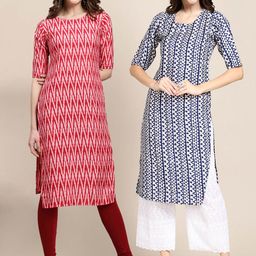 7threads KALINI Women Pack of 2 Blue & Red Printed  Straight Crepe Kurta-picture-22