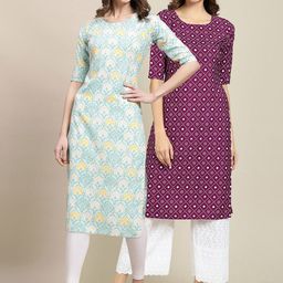 7threads KALINI Women Pack of 2 Purple & Blue Ethnic Motifs Printed Crepe Kurta-picture-11