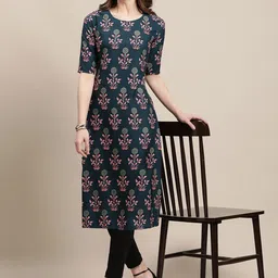 7threads KALINI Women Teal & Blue Ethnic Motifs Printed Crepe Pack of 2 Kurtas image 4