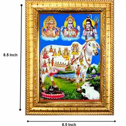 Hawai Gold-Toned & Blue Lord Brahma Vishnu Mahesh With Kamdhenu Wooden Wall Photo Frames image 3