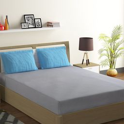 SWAYAM Blue & Grey Geometric 144 TC King Bedsheet with 2 Pillow Covers-picture-3