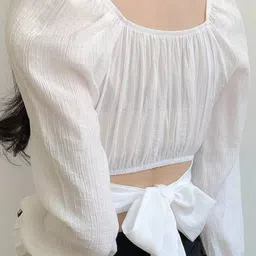 tooba enterprises Casual Puff Sleeves Solid Women White Top image 2